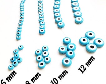 Flat evil eye glass beads- 6mm to 12mm- tale turquoise evil eye beads- evil eye tiny beads - Ojo beads - Evil eye wholesale beads