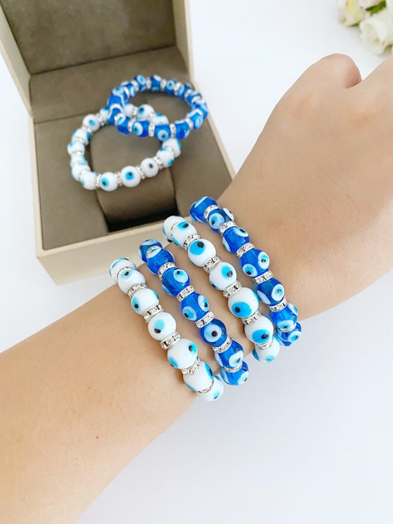 Evil Eye Bracelet, White Blue Bead Bracelet, Blue Evil Eye Beads,  Stretchable Bracelet, Glass Evil Eye, Evil Eye Charm, Handmade Evil Eye 