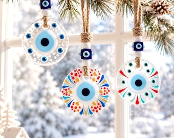 Hand Painted Glass Evil Eye Christmas Ornament, Transparent Christmas Tree Decoration