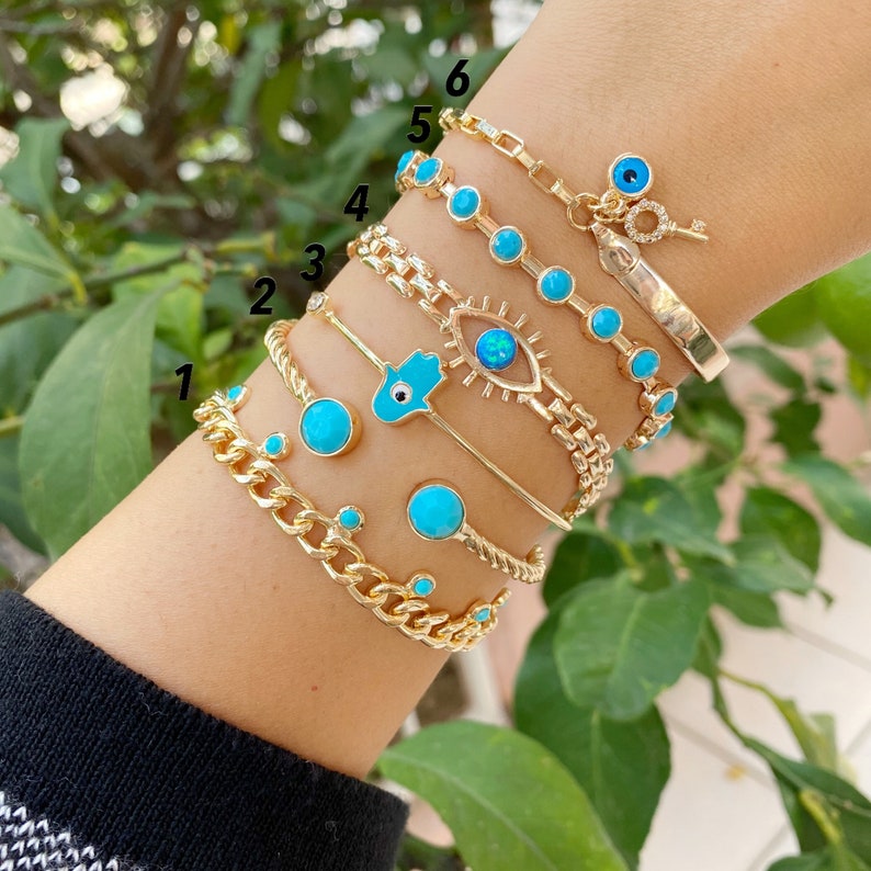Gold Link Chain Bracelet Evil Eye Bracelet Blue Evil Eye Etsy