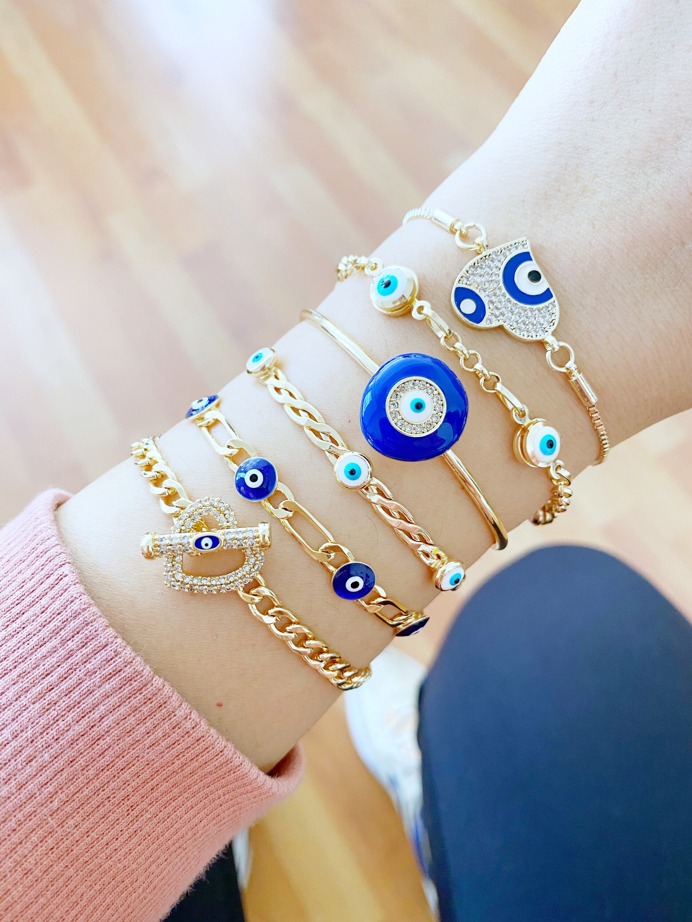 Gold Evil Eye Bracelet Blue Evil Eye Bracelet Cuff Bracelet Etsy