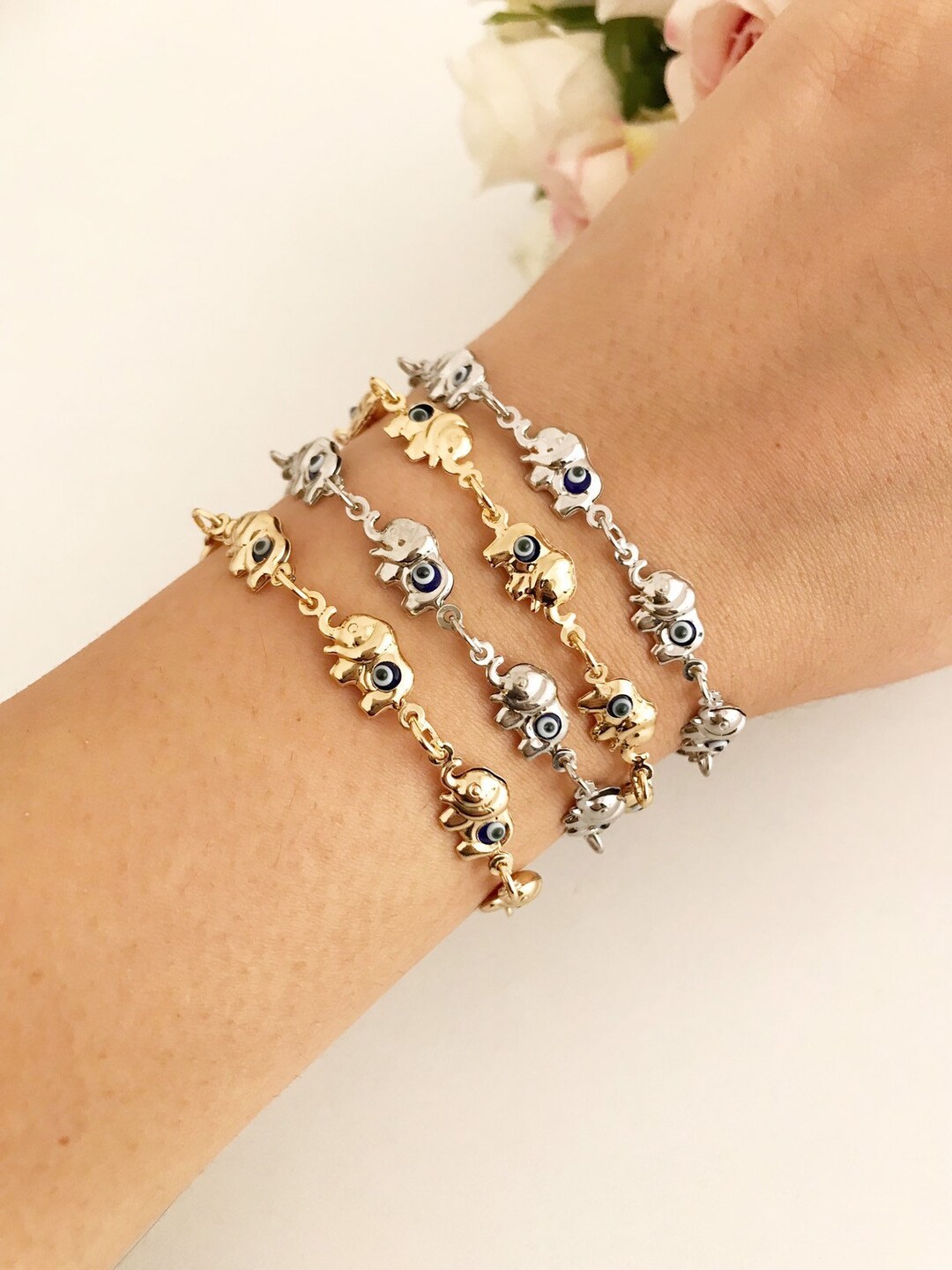 Evil Eye Bracelet Elephant Charm Bracelet Gold Silver Chain Etsy