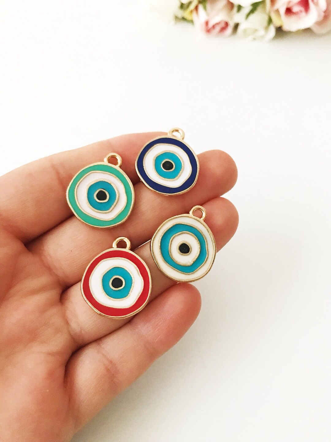 Gold Plated Evil Eye Charm, Enamel Evil Eye Charm, Evil Eye Pendant, Good Luck Pendant, Round ...