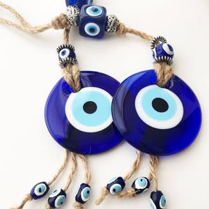 Evil eye home decor, evil eye wall hanging, turkish evil eye bead, blue glass evil eye beads, large evil eye wall hanging, macrame decor image 4
