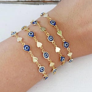 Tiny Gold Evil Eye Bracelet with Heart Charm, Dainty 14K Gold Plated Chain, Greek Turkish Protection Jewelry, Gift for Her