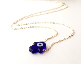 Blue hamsa evil eye necklace, hamsa choker necklace, gold chain hamsa evil eye necklace, glass hamsa hand necklace, glass hamsa jewelry