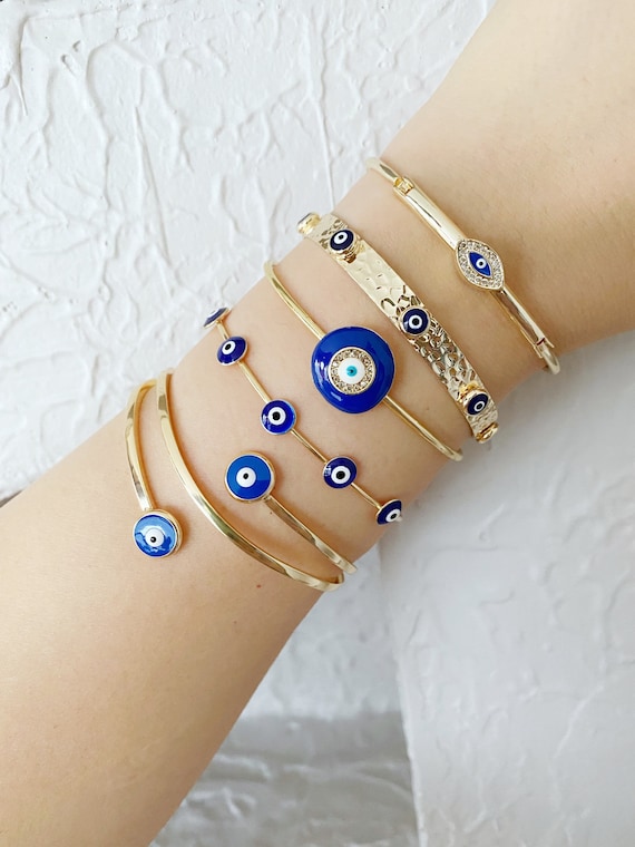 Blue Evil Eye Bracelet Handmade Cuff Bracelet Gold Bangle 