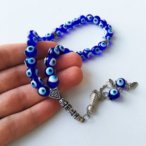 Glass Greek Komboloi with Blue Evil Eye Beads, Unique Evil Eye Komboloi, Ideal Gift for Loved Ones