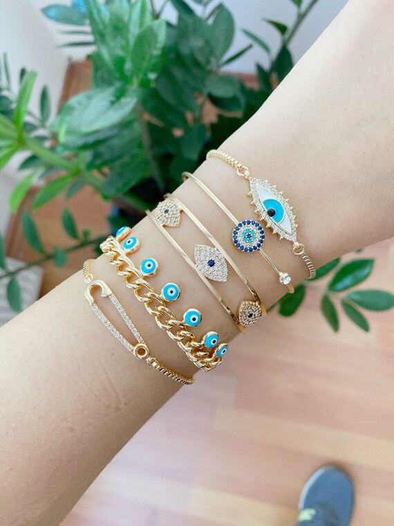 Evil Eye Jewelry Set – Gold Bracelet & Silver Necklace With Sapphire Stone, Protection Charm For Women - View #9