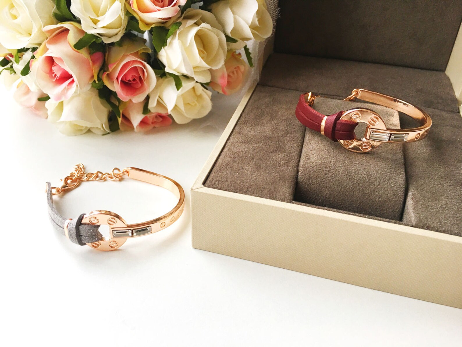 Rose Gold Leather Bracelet Red Grey Leather Cord Bracelet Etsy