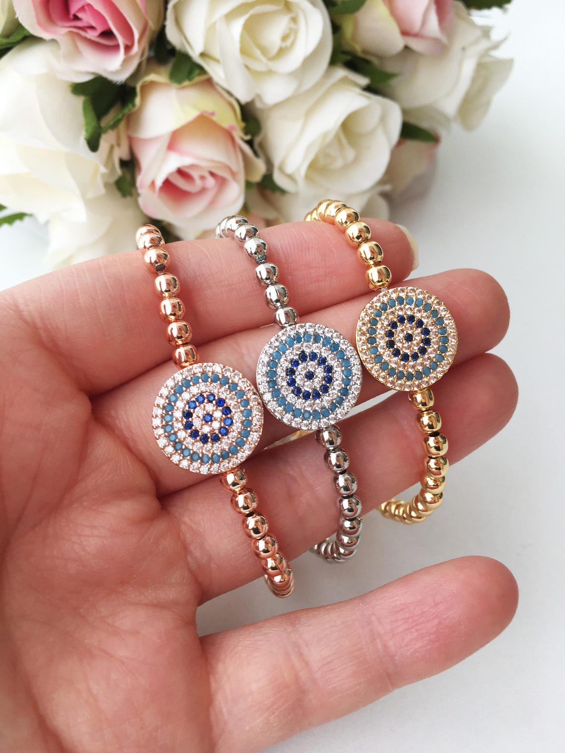 Evil Eye Beaded Bracelet Adjustable Bracelet Silver Evil Eye Etsy