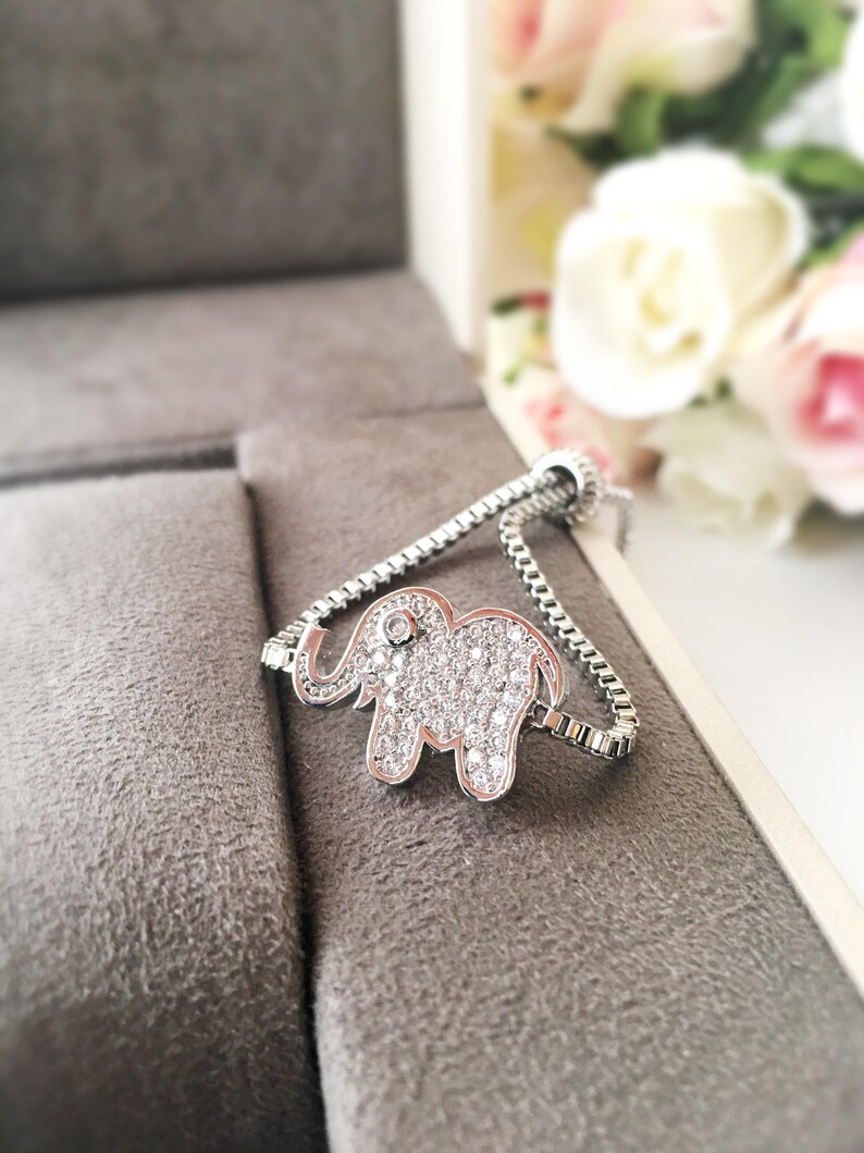 Silver elephant bracelet, elephant charm bracelet, zirconia bracelet, adjustable bracelet, luck bracelet, elephant jewelry, animal charm image 5