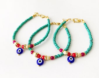 Evil eye bracelet, turquoise beaded bracelet, blue evil eye bead, minimalist bracelet, seed beads bracelet, evil eye jewelry, good luck