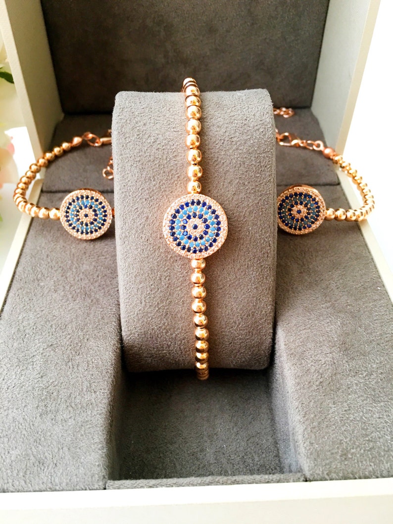 Evil eye bracelet, silver rose gold evil eye bracelet, beaded evil eye bracelet, nazar boncuk bracelet, evil eye jewelry, round oval bracele image 3