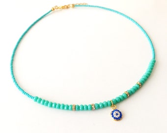 Turquoise Evil eye necklace, miyuki necklace, seed beads necklace, evil eye charm necklace, blue evil eye, greek evil eye jewelry, evil eye