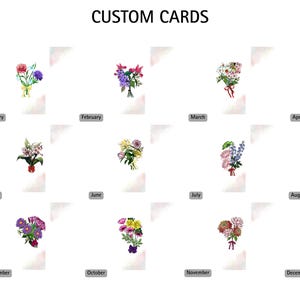 May include: A grid of twelve custom cards titled CUSTOM CARDS, each featuring a unique watercolor-style floral bouquet illustration corresponding to a month of the year, labeled from January to December with grey rectangular text boxes.