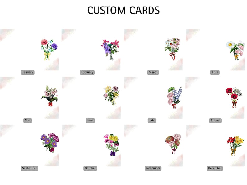May include: A grid of twelve custom cards titled CUSTOM CARDS, each featuring a unique watercolor-style floral bouquet illustration corresponding to a month of the year, labeled from January to December with grey rectangular text boxes.