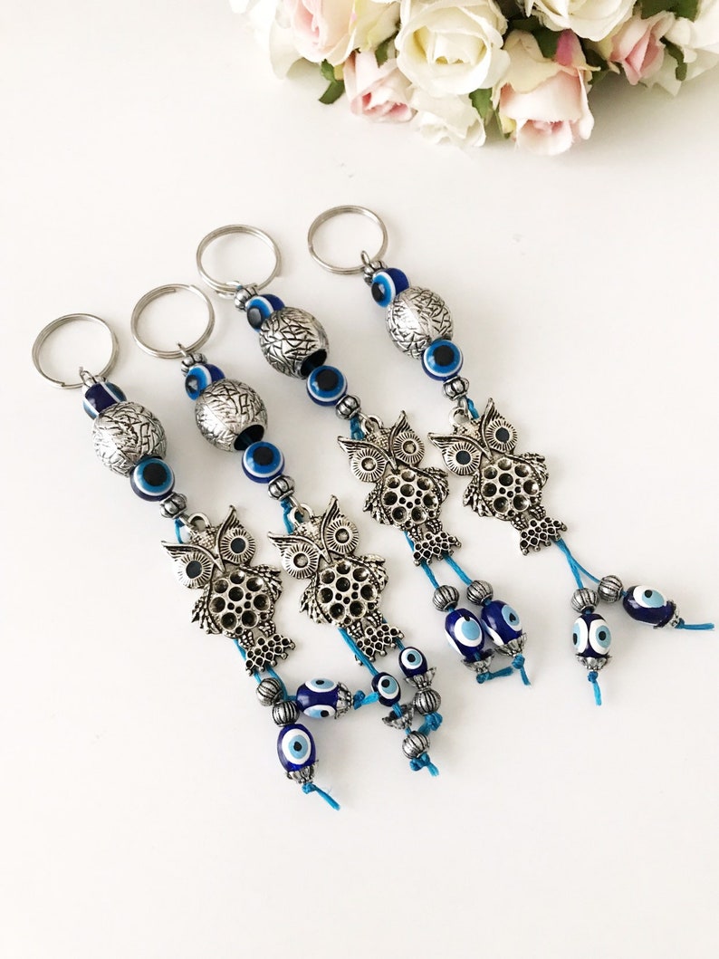 evil eye keychain owl keyring Owl keychain blue evil eye beads keychain evil eye owl keychain evil eye keyring silver owl keychain