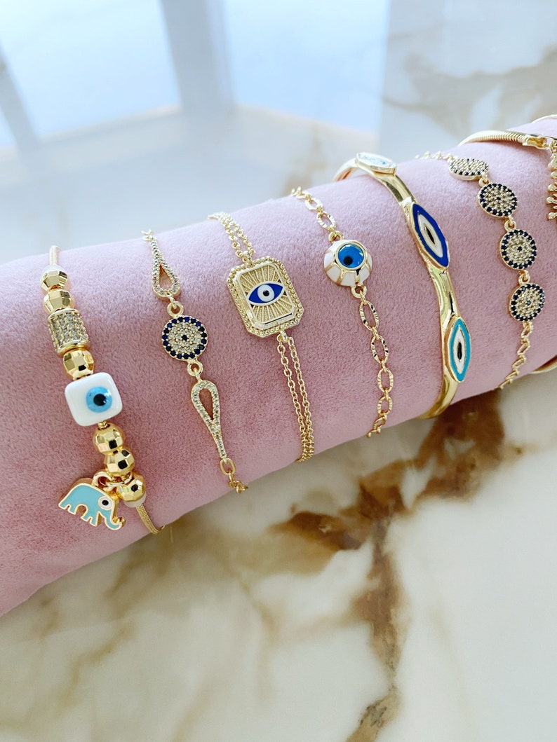 Gold Evil Eye Bracelet, Chain Bracelet, Cuff Bracelet, Evil Eye Jewelry, 14K Gold Bracelet, Adjustable Bracelet, Evil Eye Talisman, Greek image 3