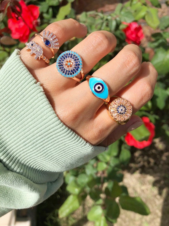 Blue Evil Eye Ring Gold Adjustable Ring Collection Evil Eye