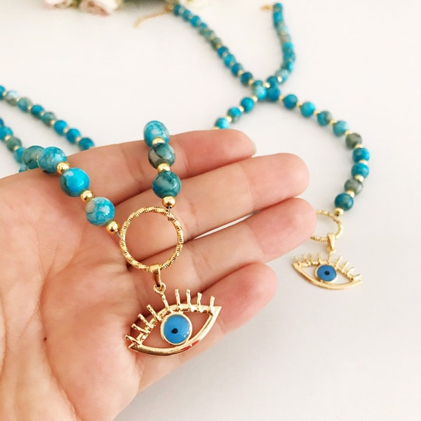 Evil eye necklace, turquoise gemstone necklace, turquoise beaded necklace, evil eye jewelry, gold chain necklace, boho necklace jewelry