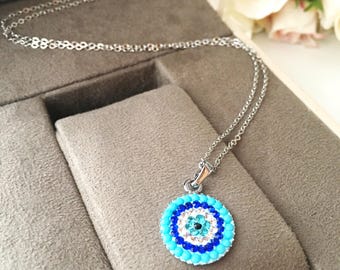 Evil eye necklace, turquoise beads necklace, turquoise evil eye necklace, silver evil eye necklace, zirconia necklace, nazar boncuk jewelry