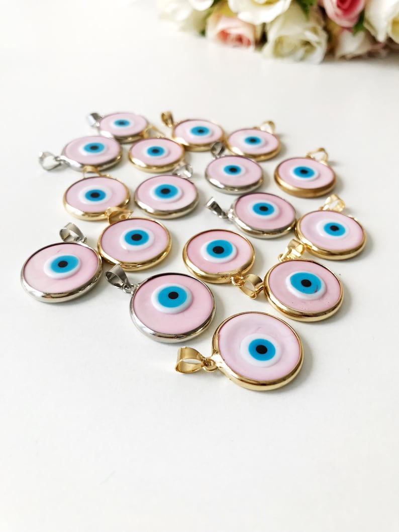 Evil eye bead, pink evil eye bead, murano bead, glass evil eye bead, pink evil eye pendant, gold silver charm, evil eye necklace charm image 1