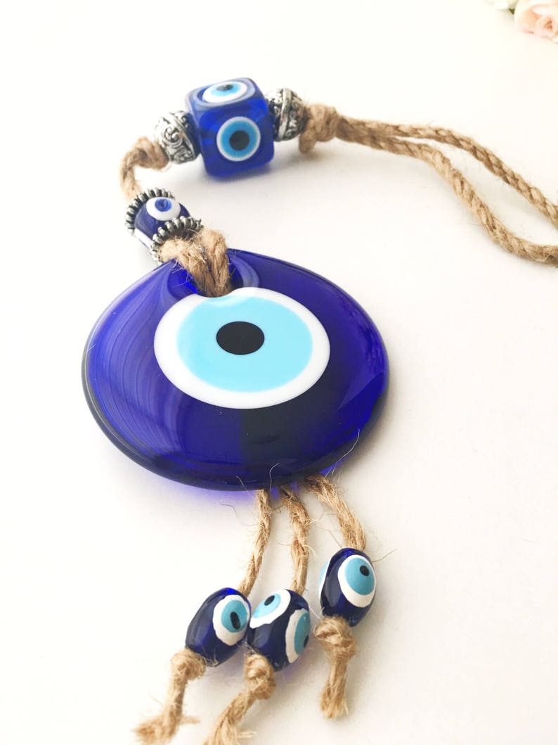 Evil eye home decor, evil eye wall hanging, turkish evil eye bead, blue glass evil eye beads, large evil eye wall hanging, macrame decor image 3