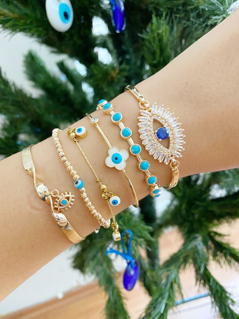 Gold Evil Eye Bracelet Blue Evil Eye Bead Cuff Bracelet Etsy