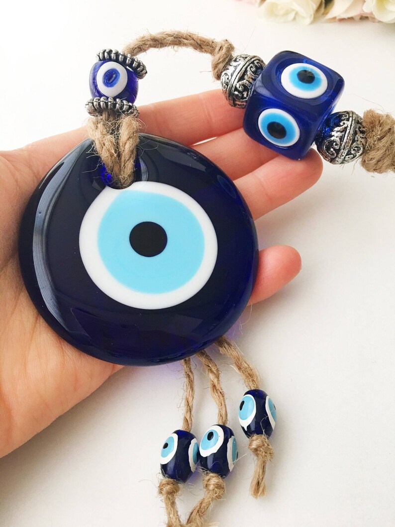 Evil eye home decor, evil eye wall hanging, turkish evil eye bead, blue glass evil eye beads, large evil eye wall hanging, macrame decor image 9