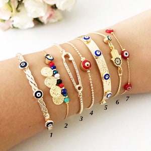 Minimal Bracelet Gift for Her, Gold Cuff Evil Eye Bracelet, Dainty Link Chain Bracelet, Unique Gift Bracelet for Friend, Evil Eye Protect