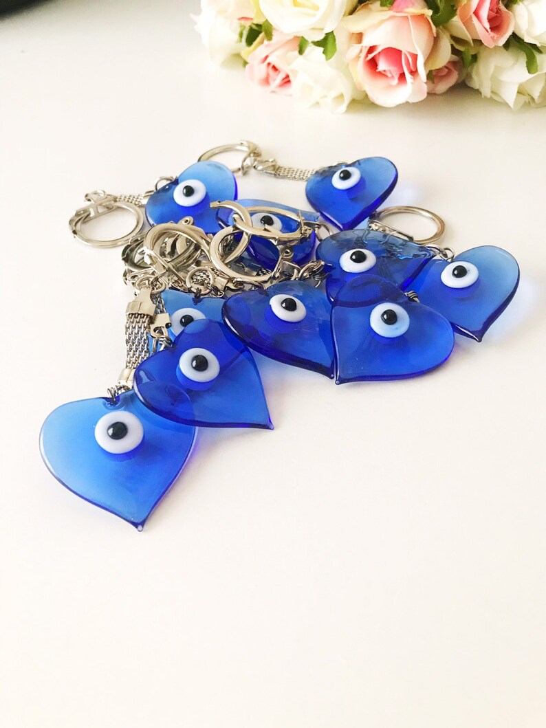 Blue Evil Eye Keychain Glass Evil Eye Bead Heart Keychain Etsy