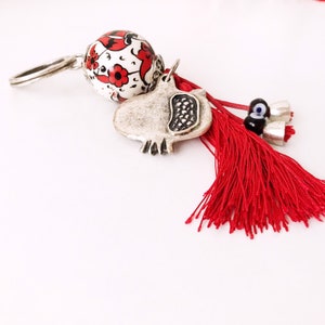 Evil eye keychain, pomegranate keychain, evil eye bag accessories, ceramic evil eye key chaim, red tassel keychain, silver pomegranate charm image 9