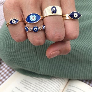 Blue Evil Eye Ring, Gold Adjustable Ring, Delicate Ring Gifts for Women Girls, Greek Ring image 5