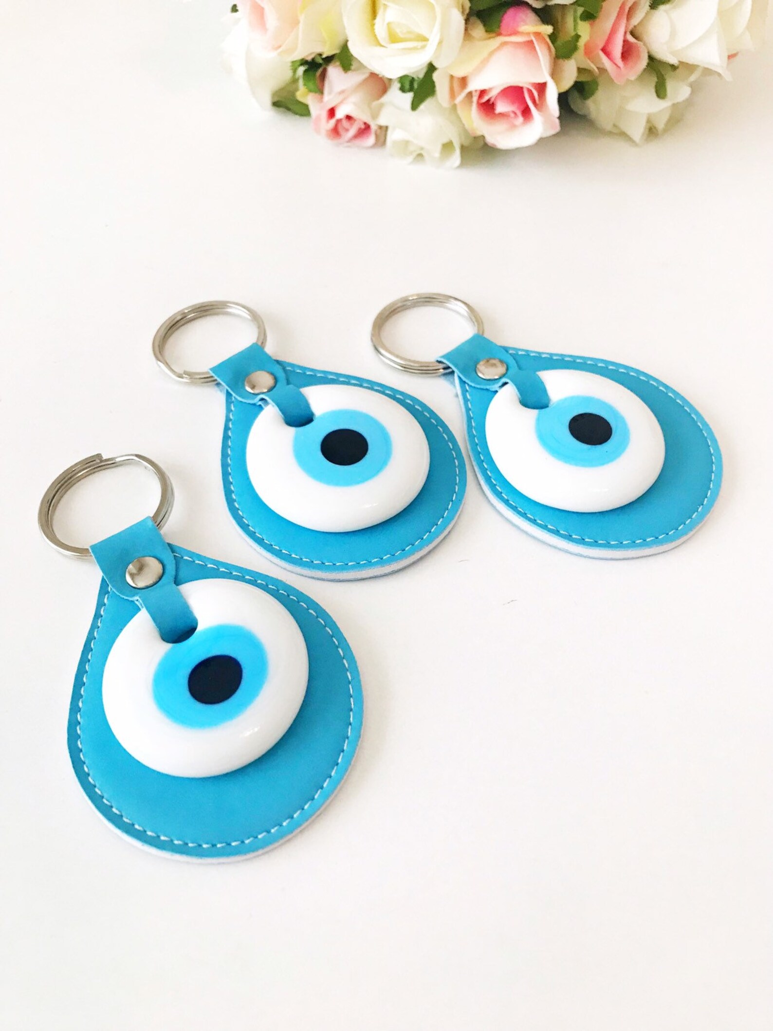 Evil Eye Keychain Leather Keychain Turquoise Keychain White Etsy