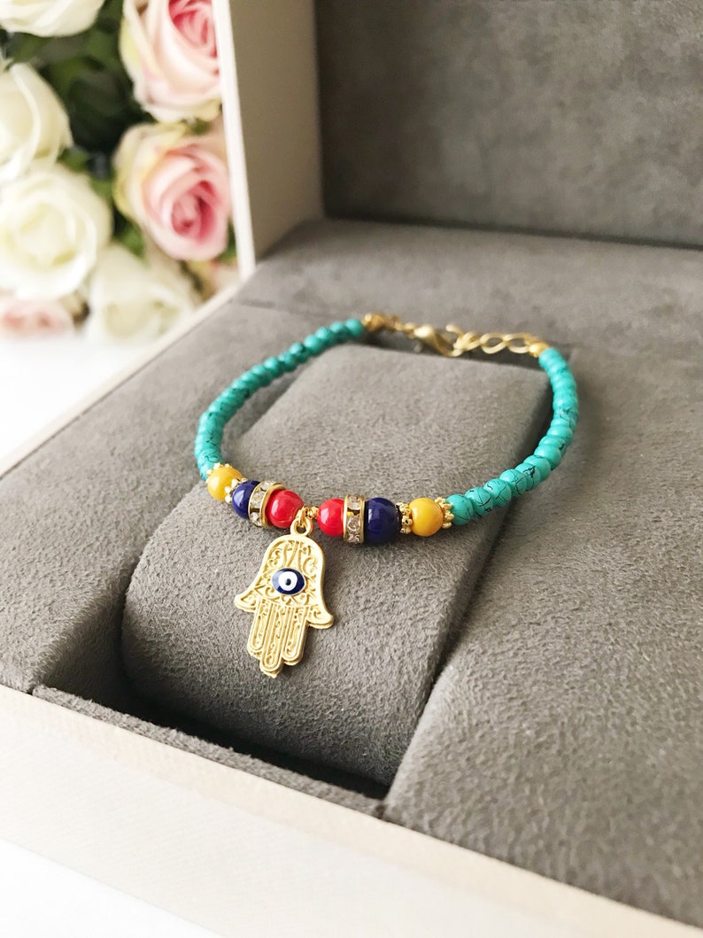Evil Eye Bracelet Hamsa Charm Bracelet Turquoise Beaded Etsy