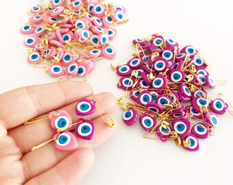 100 pcs evil eye safety pin, pink baby safety pins, evil eye gift, tiny gift pins, plastic bead with sticker, turkish evil eye, protection