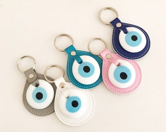 Lucky evil eye keychain, white evil eye bead, evil eye key ring, evil eye keychain, leather keychain, greek wedding favors, turkish evil eye