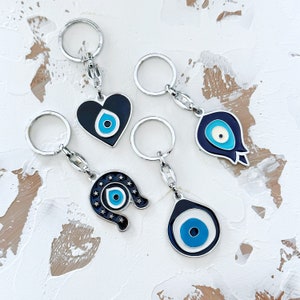 Greek Evil Eye Keychain, Blue Evil Eye, Birthday Gift Keychain, Evil Eye Keyring, Silver Keychain, Horseshoe Heart Tulip Keychains image 4