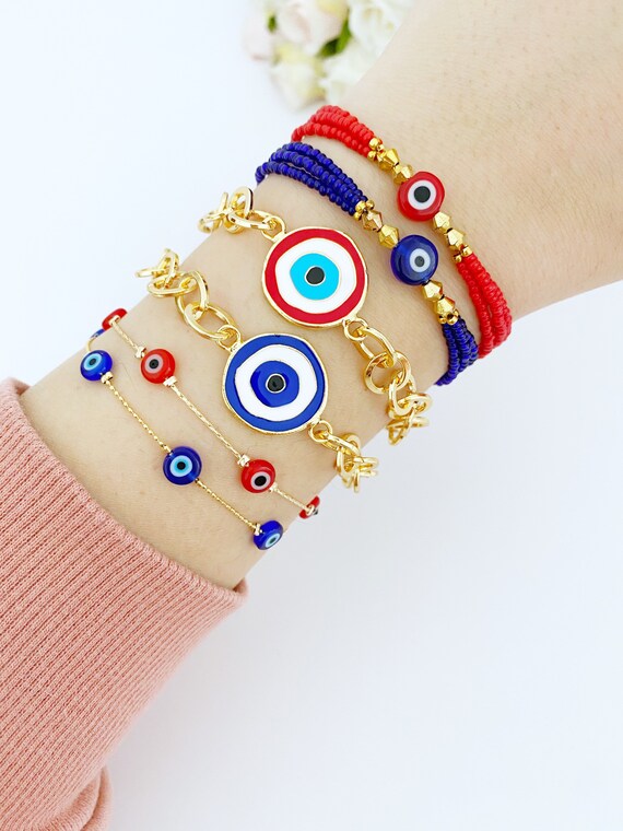 Rose Gold Chain Bracelet, Evil Eye Clover Charm Bracelet, Turkish Jewelry Blue