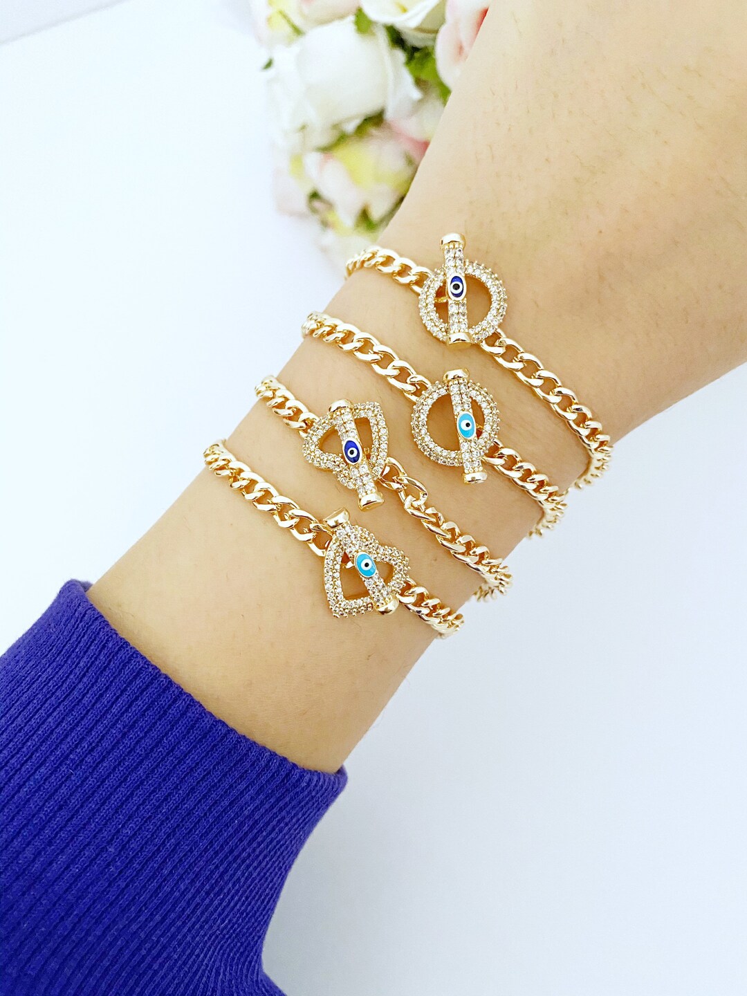 Evil Eye Toggle Bracelet, Gold Chain Bracelet, Heart Charm Bracelet
