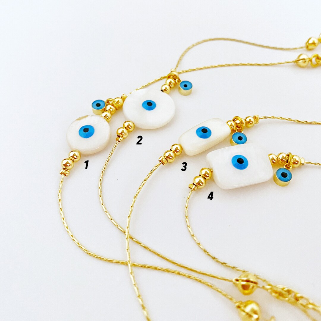 Evil Eye Bracelet, Mother of Pearl Bracelet, Gold Chain Bracelet, Blue