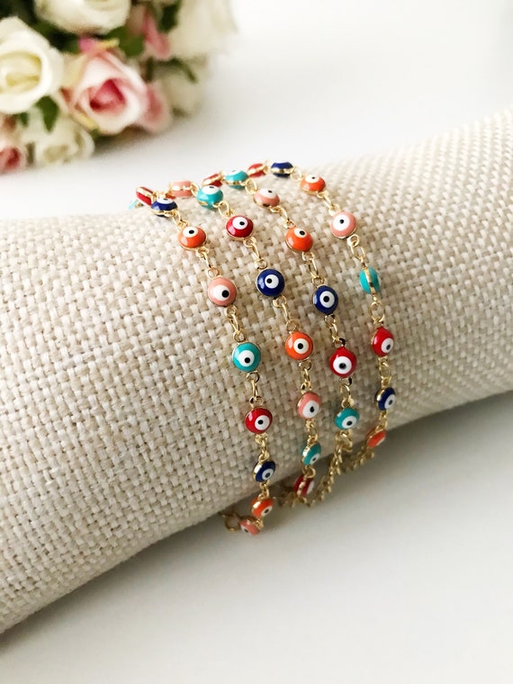 Evil Eye Bracelet, Colorful Evil Eye Beads, Gold Chain Bracelet