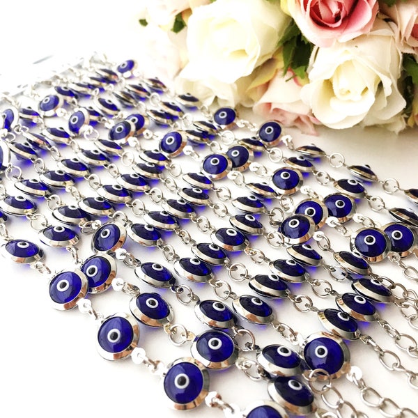 Blue Evil eye bracelet, beaded bracelet, silver evil eye bracelet, evil eye chain bracelet, protection charm, link chain evil eye bracelet