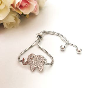 Silver elephant bracelet, elephant charm bracelet, zirconia bracelet, adjustable bracelet, luck bracelet, elephant jewelry, animal charm image 3