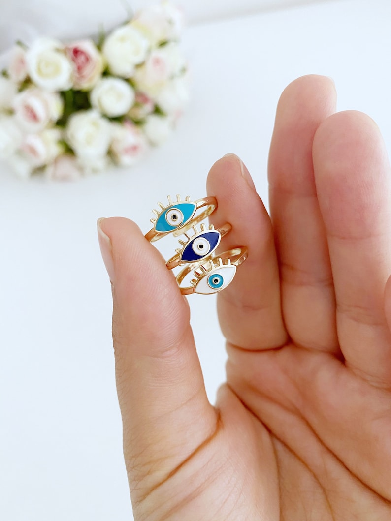 Blue Evil Eye Ring, Gold Adjustable Ring, Delicate Ring Gifts for Women Girls, Greek Ring image 8