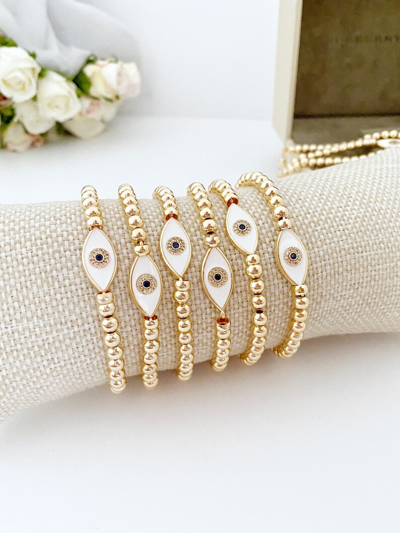 White Evil Eye Bracelet Waterproof Bracelet Gold Beaded Etsy