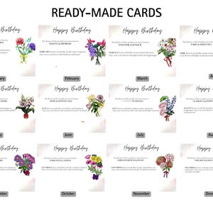 May include: A collection of twelve ready-made birthday cards arranged in a grid, each featuring the text Happy Birthday, a specific month, and a watercolor illustration of birth month flowers with descriptive text about their symbolic meanings.