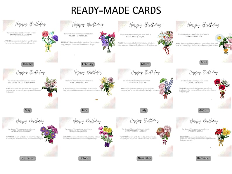 May include: A collection of twelve ready-made birthday cards arranged in a grid, each featuring the text Happy Birthday, a specific month, and a watercolor illustration of birth month flowers with descriptive text about their symbolic meanings.