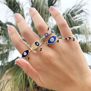 Blue Evil Eye Ring, Gold Adjustable Ring, Delicate Ring Gifts for Women Girls, Greek Ring image 2